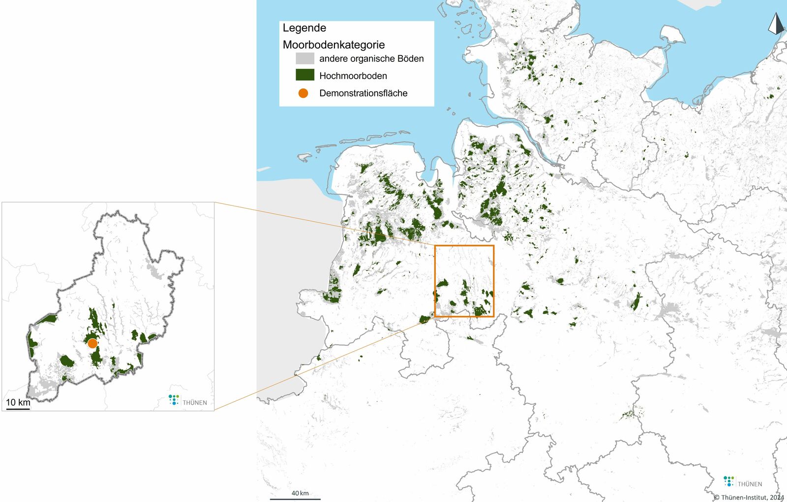 Kartenausschnitt der Moorböden in Deutschland (Quelle: Thünen Institut 2024)